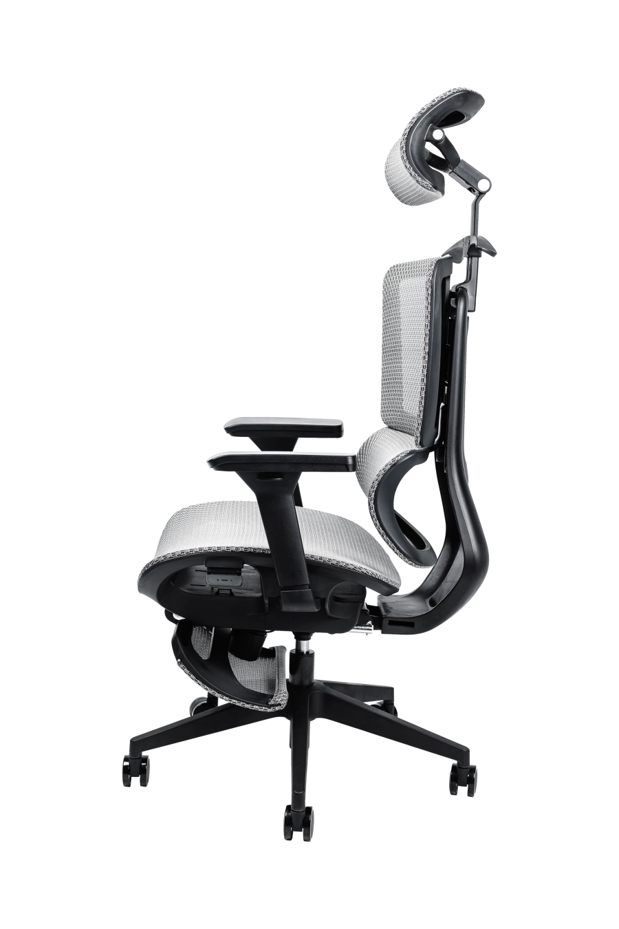 Split: CUSTÓ Split este echipat pentru versatilitate totală: plasă elastomerică ventilată, suport lombar reglabil, tetieră 3D și cotiere 3D pentru ajustare milimetrică. Reglarea pe înălțime a spătarului și șezutul glisant adaptă scaunul la orice statură. Suportul pentru picioare și umerașul integrat transformă spațiul într-o mini-zonă de relaxare fără a ieși din fluxul de lucru. Mecanismul sincron menține echilibrul ergonomic, iar roțile din poliuretan se mișcă lin pe pardoseală. Finisajul gri subtil se potrivește birourilor high-tech care favorizează soluții all-in-one.