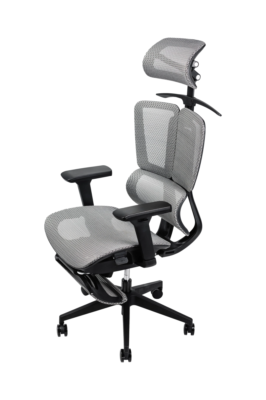 Split: CUSTÓ Split este echipat pentru versatilitate totală: plasă elastomerică ventilată, suport lombar reglabil, tetieră 3D și cotiere 3D pentru ajustare milimetrică. Reglarea pe înălțime a spătarului și șezutul glisant adaptă scaunul la orice statură. Suportul pentru picioare și umerașul integrat transformă spațiul într-o mini-zonă de relaxare fără a ieși din fluxul de lucru. Mecanismul sincron menține echilibrul ergonomic, iar roțile din poliuretan se mișcă lin pe pardoseală. Finisajul gri subtil se potrivește birourilor high-tech care favorizează soluții all-in-one.