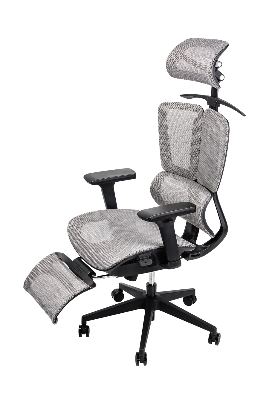 Split: CUSTÓ Split este echipat pentru versatilitate totală: plasă elastomerică ventilată, suport lombar reglabil, tetieră 3D și cotiere 3D pentru ajustare milimetrică. Reglarea pe înălțime a spătarului și șezutul glisant adaptă scaunul la orice statură. Suportul pentru picioare și umerașul integrat transformă spațiul într-o mini-zonă de relaxare fără a ieși din fluxul de lucru. Mecanismul sincron menține echilibrul ergonomic, iar roțile din poliuretan se mișcă lin pe pardoseală. Finisajul gri subtil se potrivește birourilor high-tech care favorizează soluții all-in-one.