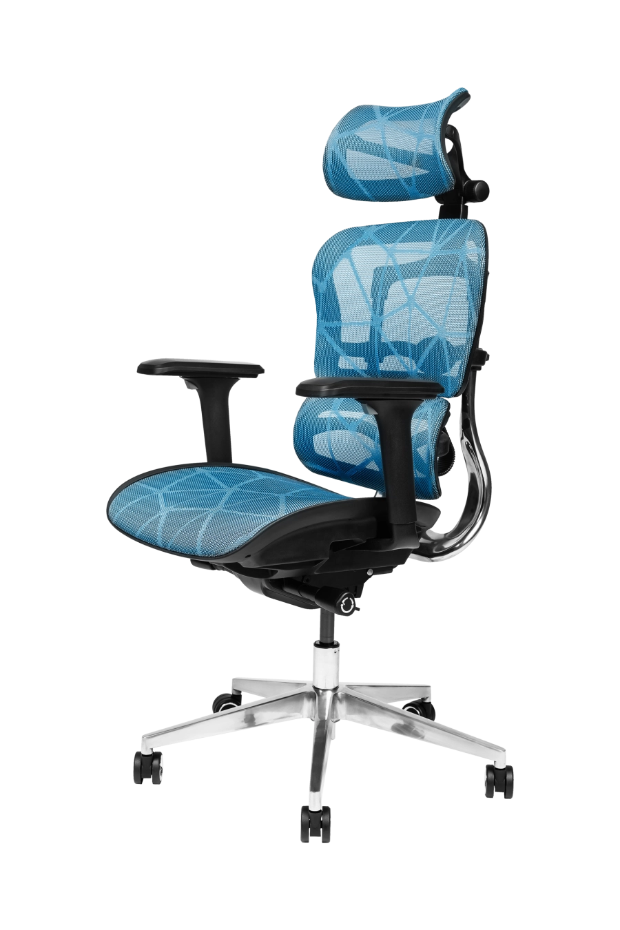 Torino: CUSTÓ Torino aduce ergonomie completă: spătar și șezut din plasă elastomerică pentru răcire constantă, spătar reglabil pe înălțime și șezut glisant pentru adâncime personalizată. Suportul lombar ajustabil reduce presiunea de pe coloană, iar tetiera 3D elimină tensiunea din zona cervicală. Cotierele 3D se adaptează tastării, prezentărilor și momentelor de relaxare. Mecanismul sincron urmărește mișcările naturale ale corpului, menținând postura corectă. Roțile din poliuretan alunecă silențios, protejând pardoseala. Finisajul albastru se potrivește spațiilor de lucru creative.