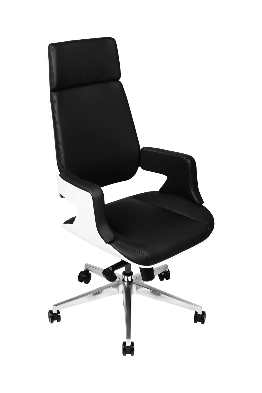 Houston: CUSTÓ Houston se concentrează pe simplitate și durabilitate: șezut și spătar din piele artificială de calitate premium, culoare neagră, ușor de curățat și rezistentă la uzură. Cadru rotativ robust, structură de tip monobloc. Cotierele fixe stabilizează antebrațele, reducând tensiunea în umeri. Spătarul înalt susține zona cervicală, iar mecanismul de balans facilitează micro-pauzele active. Designul minimalist și sobru se potrivește perfect spațiilor directoriale.